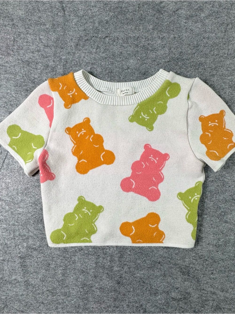 debut White Crop Top with Pink, Orange & Green Gummy Bear Print